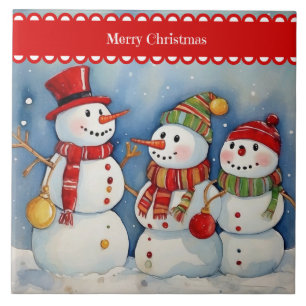 Merry Christmas, Three Colourful Snowmen, Ceramic Tile
