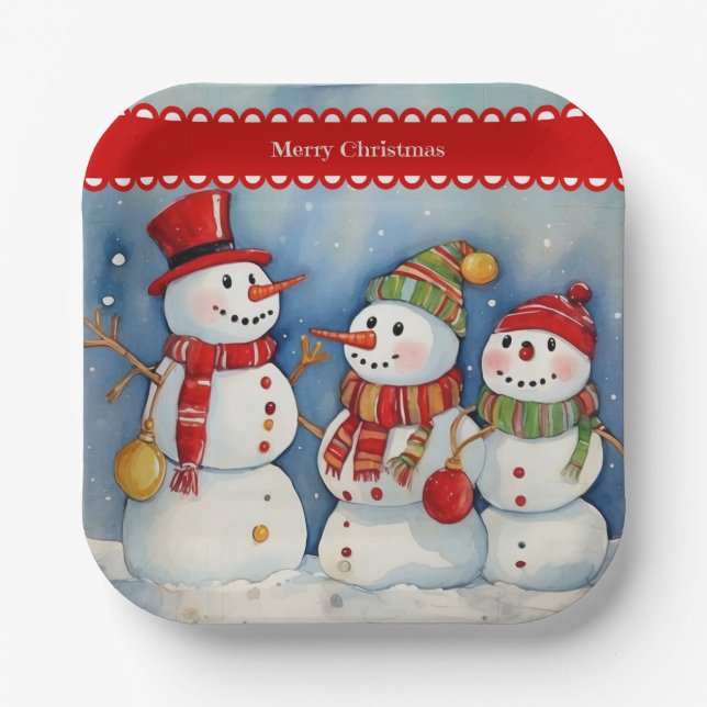 Merry Christmas, Three Colourful Snowmen, Paper Plate (Front)
