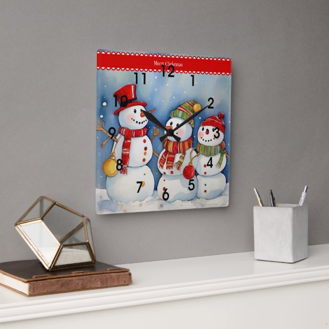 Merry Christmas, Three Colourful Snowmen, Square Wall Clock (Office)