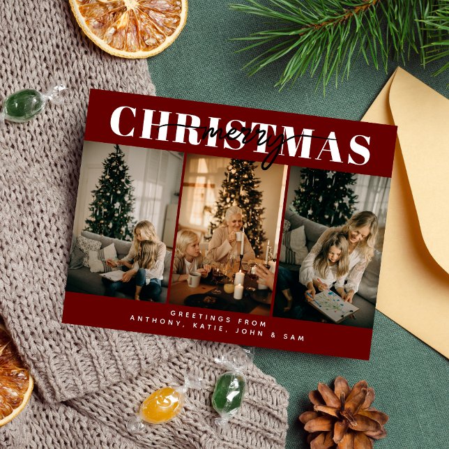 Merry Christmas Three Family Photo Typography Red Holiday Postcard (Creator Uploaded)