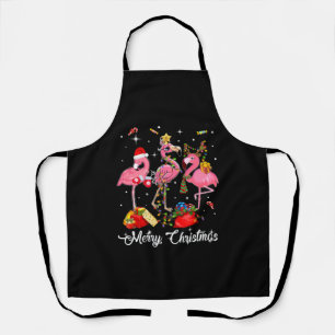 Merry Christmas Three Flamingo With Santa Hat Apron