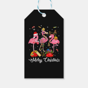 Merry Christmas Three Flamingo With Santa Hat Gift Tags