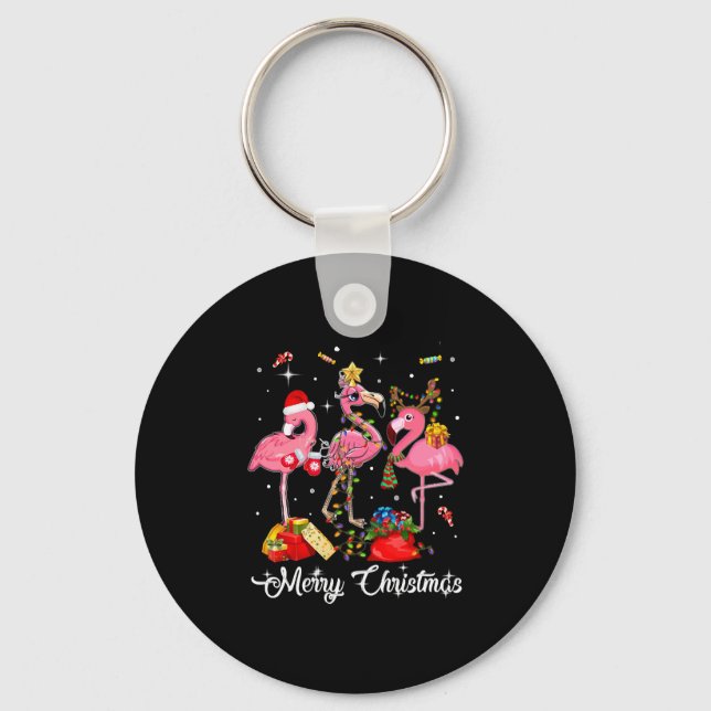 Merry Christmas Three Flamingo With Santa Hat Key Ring (Front)