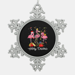 Merry Christmas Three Flamingo With Santa Hat Snowflake Pewter Christmas Ornament