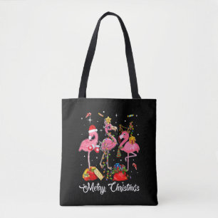Merry Christmas Three Flamingo With Santa Hat Tote Bag