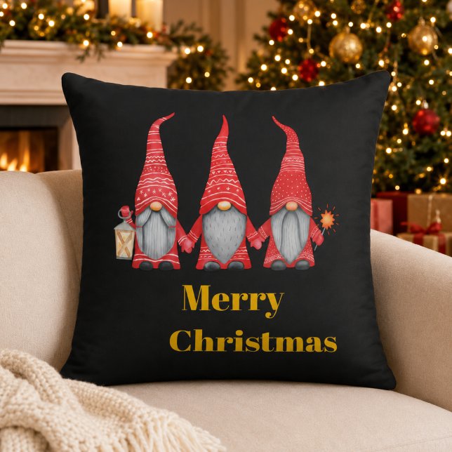 Merry Christmas Three Gnomes Black Throw Pillow (Creator Uploaded)