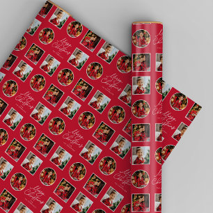 Merry Christmas three photo red holiday Wrapping Paper