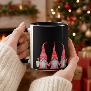 Merry Christmas Three Red Gnomes Black Coffee Mug