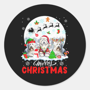 Merry Christmas Three Santa Elf Reindeer Bearded C Classic Round Sticker