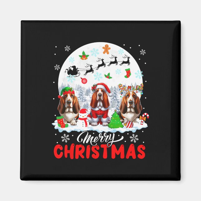 Merry Christmas Three Santa Elf Reindeer Bet Hound Magnet (Front)