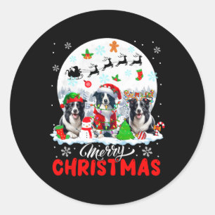 Merry Christmas Three Santa Elf Reindeer Border Co Classic Round Sticker