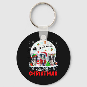 Merry Christmas Three Santa Elf Reindeer Border Co Key Ring
