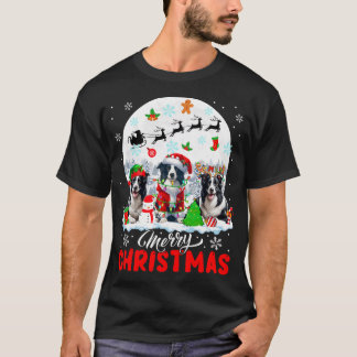Merry Christmas Three Santa Elf Reindeer Border  T-Shirt