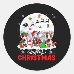 Merry Christmas Three Santa Elf Reindeer Bull Terr Classic Round Sticker