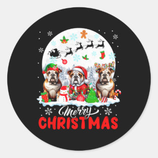 Merry Christmas Three Santa Elf Reindeer Bulldogs  Classic Round Sticker