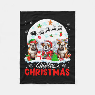 Merry Christmas Three Santa Elf Reindeer Bulldogs Fleece Blanket