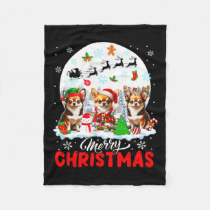 Merry Christmas Three Santa Elf Reindeer Chihuahua Fleece Blanket