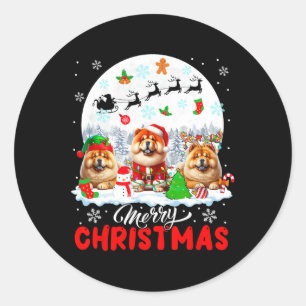 Merry Christmas Three Santa Elf Reindeer Chow Chow Classic Round Sticker