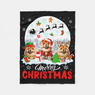 Merry Christmas Three Santa Elf Reindeer Chow Chow Fleece Blanket