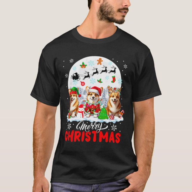 Merry Christmas Three Santa Elf Reindeer Corgis Ow T-Shirt (Front)