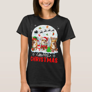 Merry Christmas Three Santa Elf Reindeer Corgis Ow T-Shirt