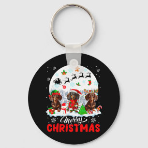 Merry Christmas Three Santa Elf Reindeer Dachshund Key Ring