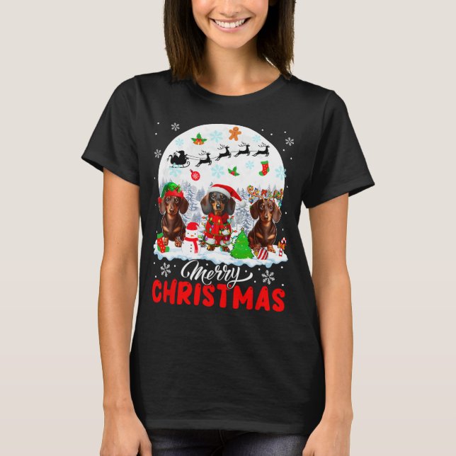 Merry Christmas Three Santa Elf Reindeer Dachshund T-Shirt (Front)
