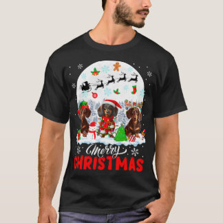Merry Christmas Three Santa Elf Reindeer Dachshund T-Shirt