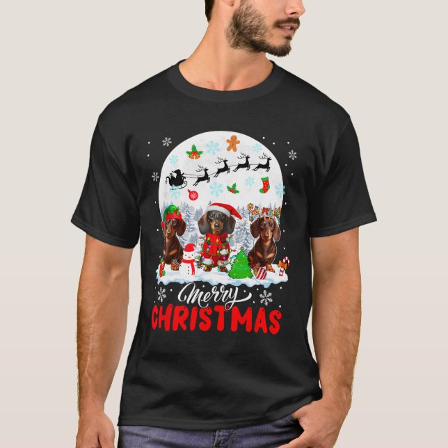 Merry Christmas Three Santa Elf Reindeer Dachshund T-Shirt (Front)