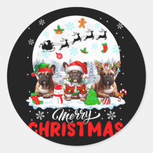 Merry Christmas Three Santa Elf Reindeer French Bu Classic Round Sticker