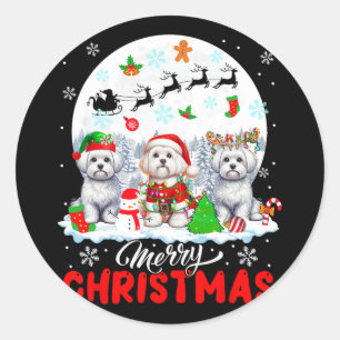 Merry Christmas Three Santa Elf Reindeer Malteses Classic Round Sticker