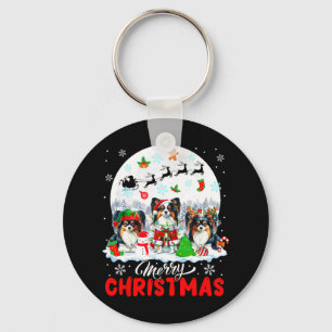 Merry Christmas Three Santa Elf Reindeer Papillons Key Ring