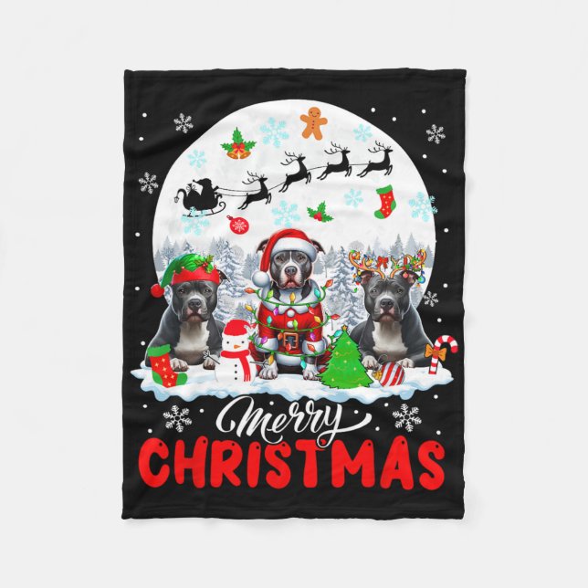 Merry Christmas Three Santa Elf Reindeer Pit Bulls Fleece Blanket (Front)