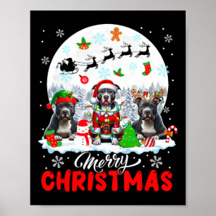 Merry Christmas Three Santa Elf Reindeer Pit Bulls Poster