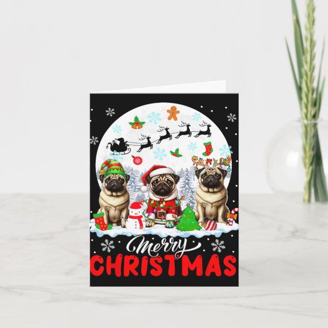 Merry Christmas Three Santa Elf Reindeer Pugs Owne Card (Front)
