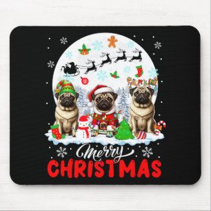 Merry Christmas Three Santa Elf Reindeer Pugs Owne Mouse Pad