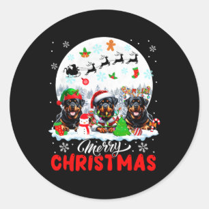 Merry Christmas Three Santa Elf Reindeer Rottweile Classic Round Sticker