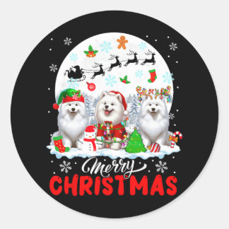 Merry Christmas Three Santa Elf Reindeer Samoyeds  Classic Round Sticker