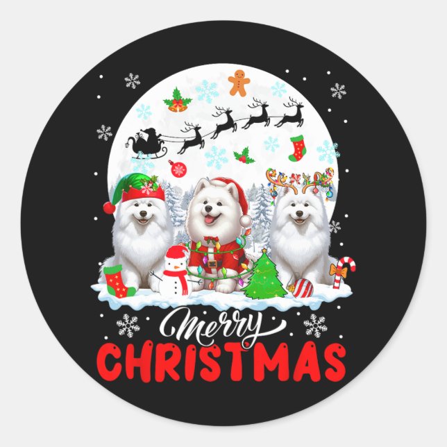 Merry Christmas Three Santa Elf Reindeer Samoyeds  Classic Round Sticker (Front)
