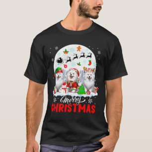 Merry Christmas Three Santa Elf Reindeer Samoyeds  T-Shirt