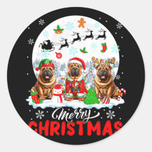 Merry Christmas Three Santa Elf Reindeer Shar Peis Classic Round Sticker