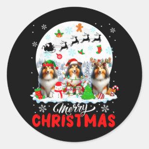 Merry Christmas Three Santa Elf Reindeer Shetland Classic Round Sticker