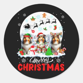 Merry Christmas Three Santa Elf Reindeer Shetland  Classic Round Sticker