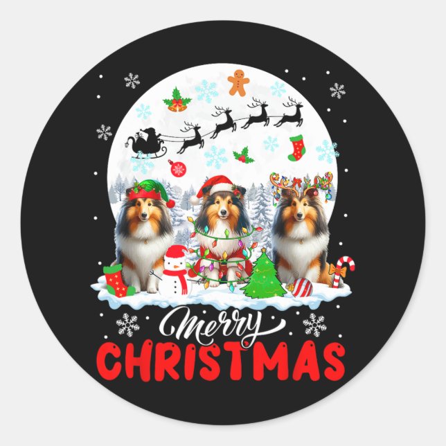 Merry Christmas Three Santa Elf Reindeer Shetland  Classic Round Sticker (Front)