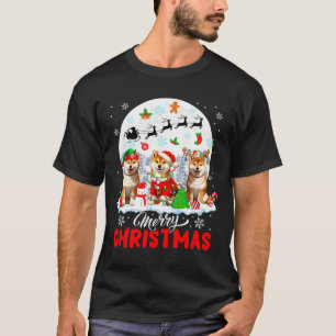 Merry Christmas Three Santa Elf Reindeer Shiba Inu T-Shirt