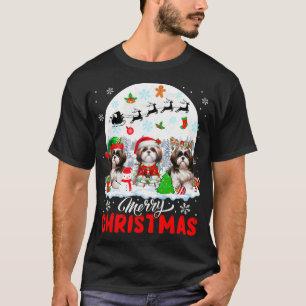 Merry Christmas Three Santa Elf Reindeer Shih Tzus T-Shirt