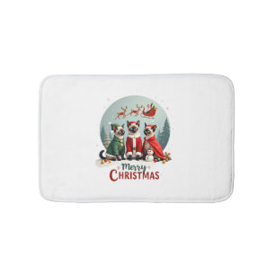 Merry Christmas Three Santa Elf Reindeer Siamese C Bath Mat