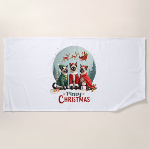 Merry Christmas Three Santa Elf Reindeer Siamese C Beach Towel