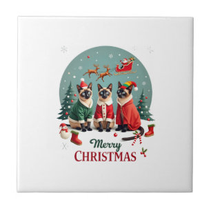 Merry Christmas Three Santa Elf Reindeer Siamese C Ceramic Tile