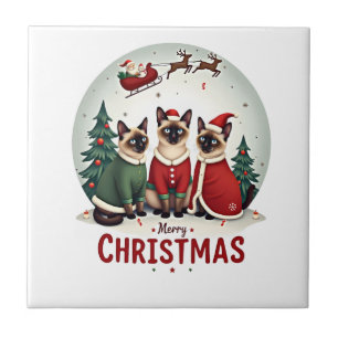 Merry Christmas Three Santa Elf Reindeer Siamese C Ceramic Tile